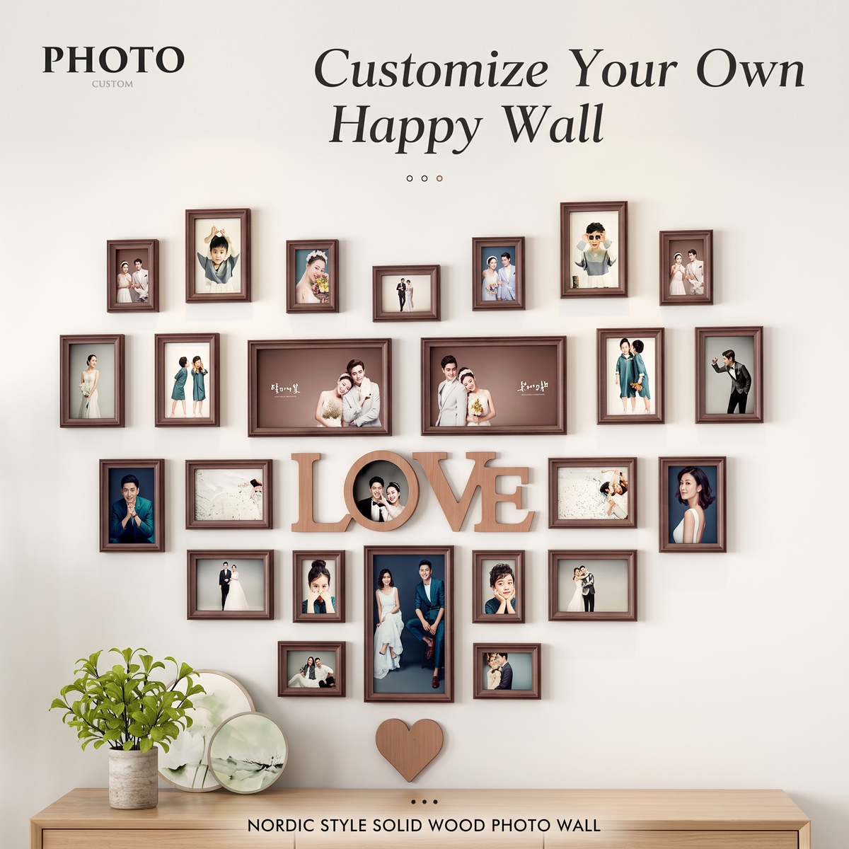 Customize your own happy wall with a heart-shaped photo wall art set in brown frames with real family photos