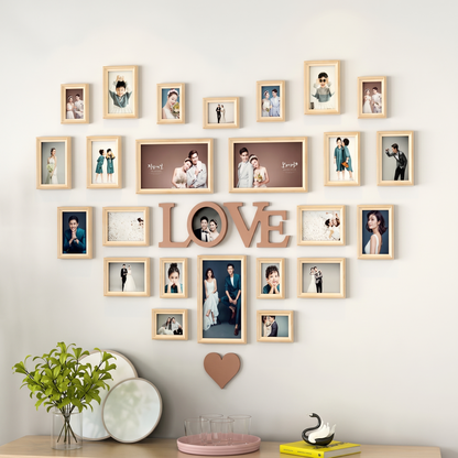 Heart-shaped photo wall art set in natural wood frames displaying family photos