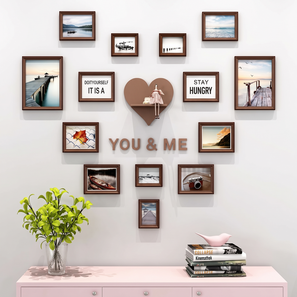 14-frame heart-shaped gallery wall showcase with brown solid wood frames