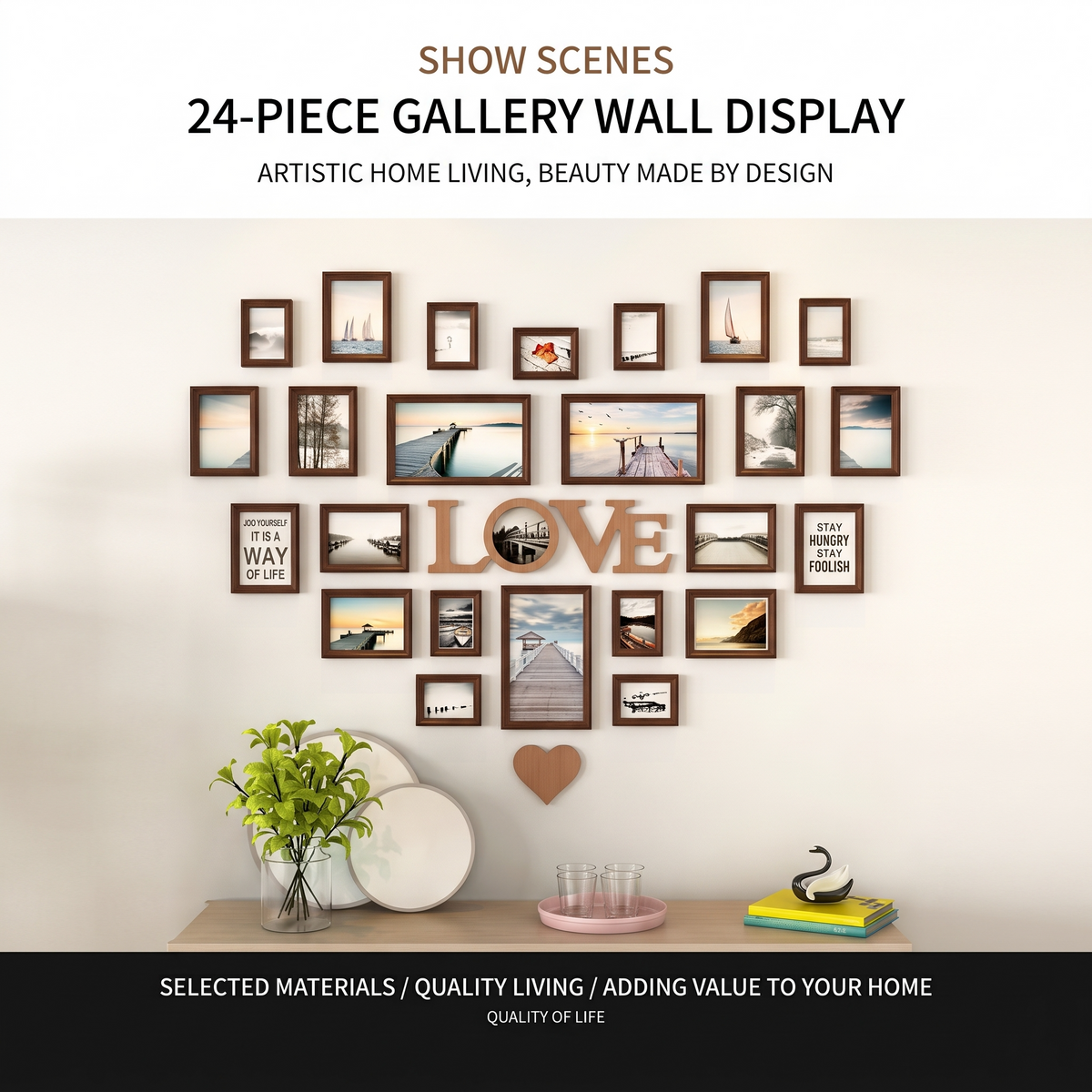24-piece heart-shaped gallery wall display with brown solid wood frames