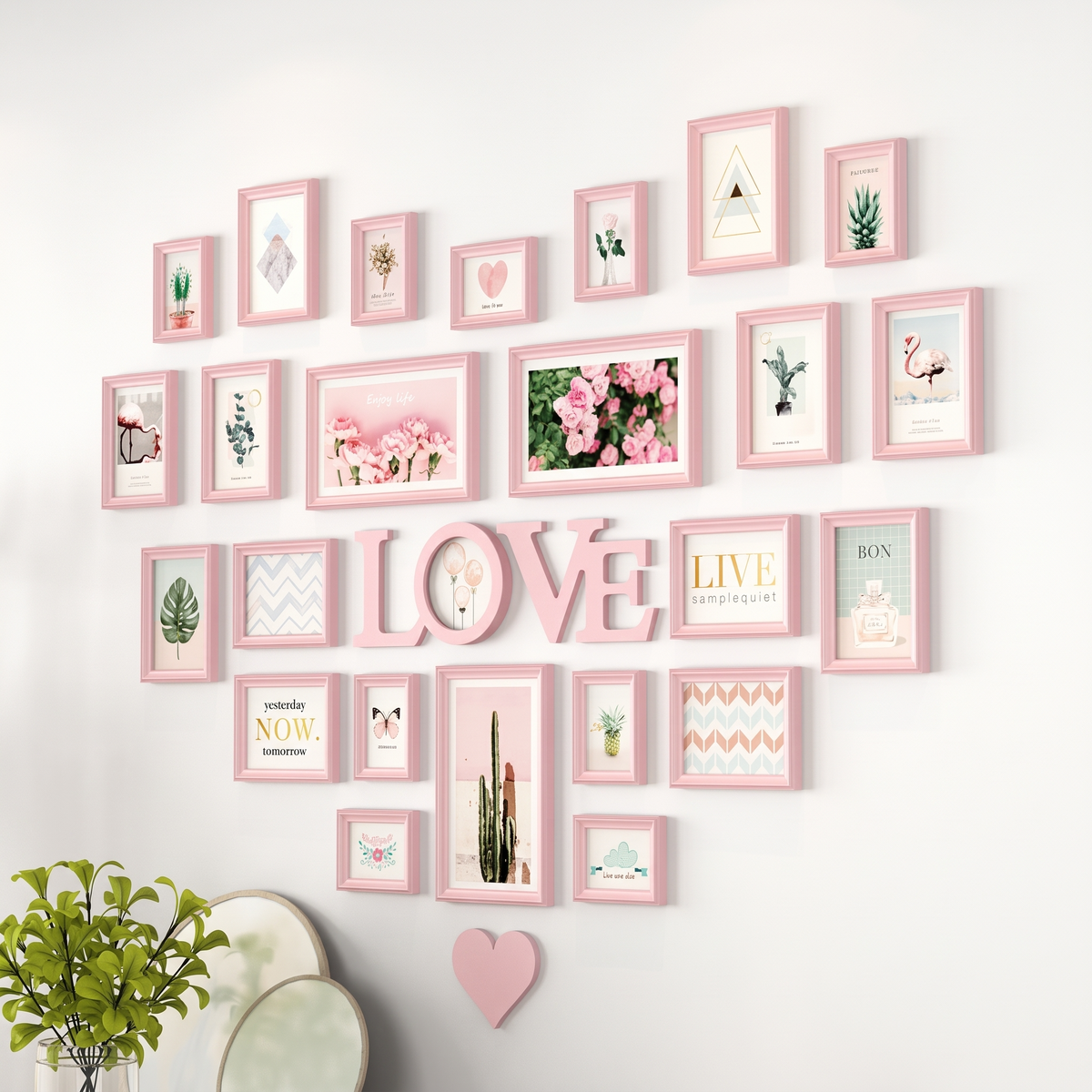 Pink heart-shaped photo wall art set with LOVE letter wall decal