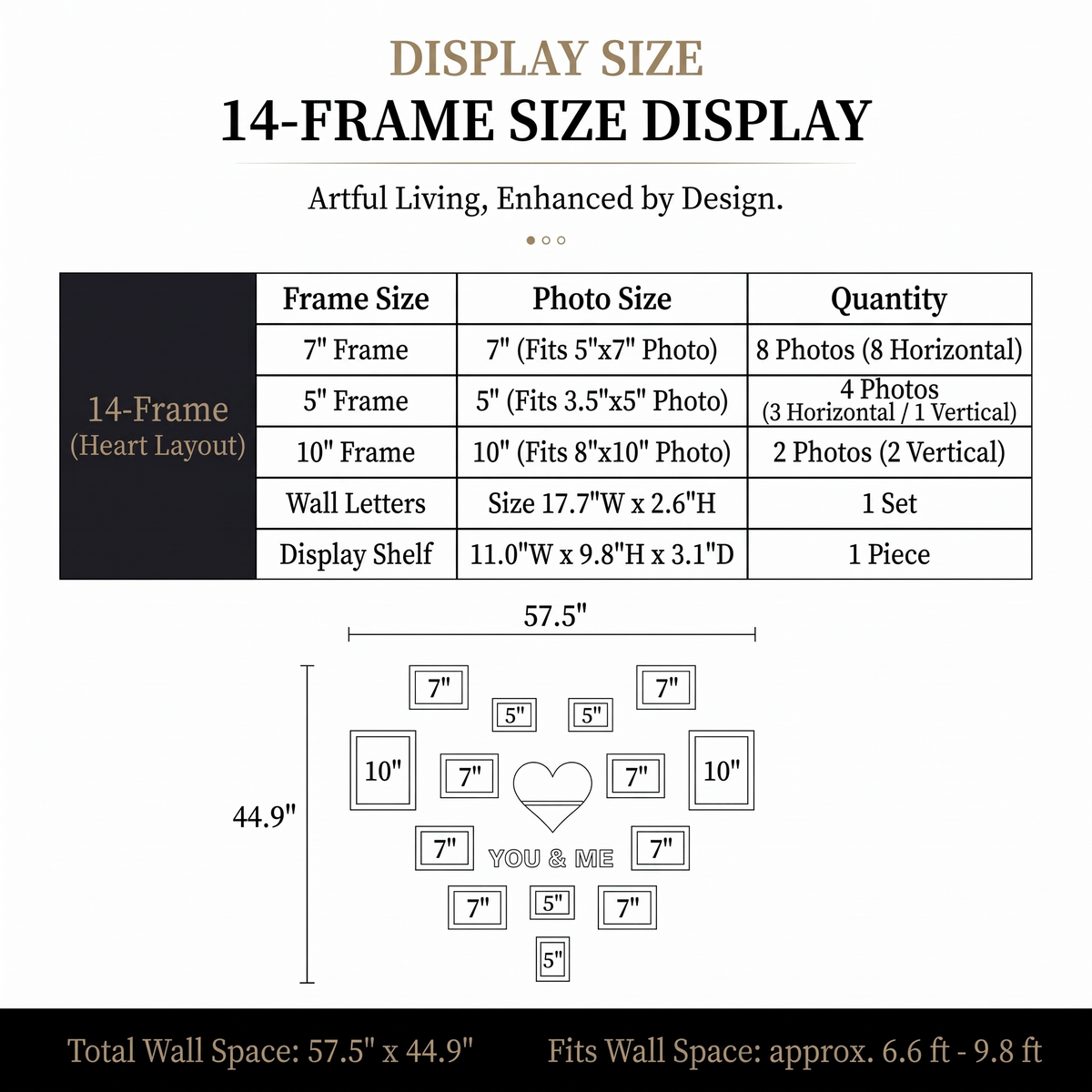 14-frame heart-shaped gallery wall size and frame quantity specification table