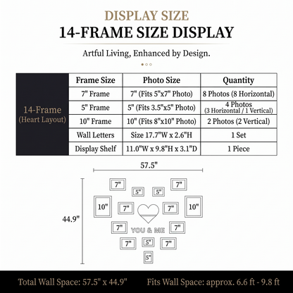 14-frame heart-shaped gallery wall size and frame quantity specification table