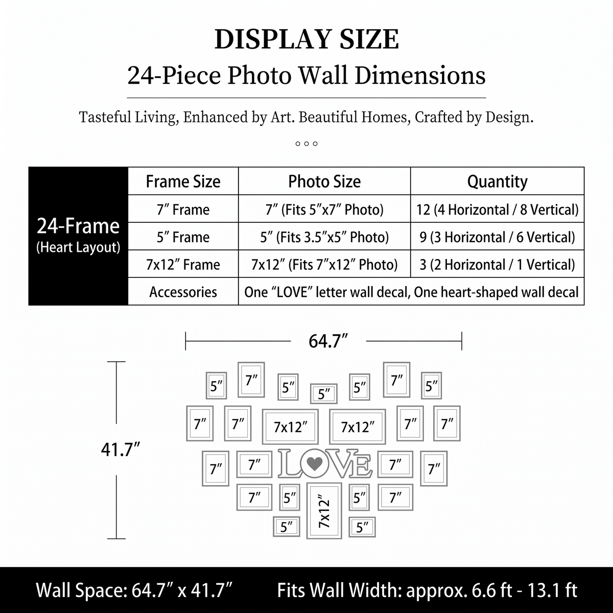 24-piece heart-shaped photo wall art size and frame quantity specification table