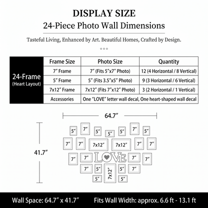24-piece heart-shaped photo wall art size and frame quantity specification table