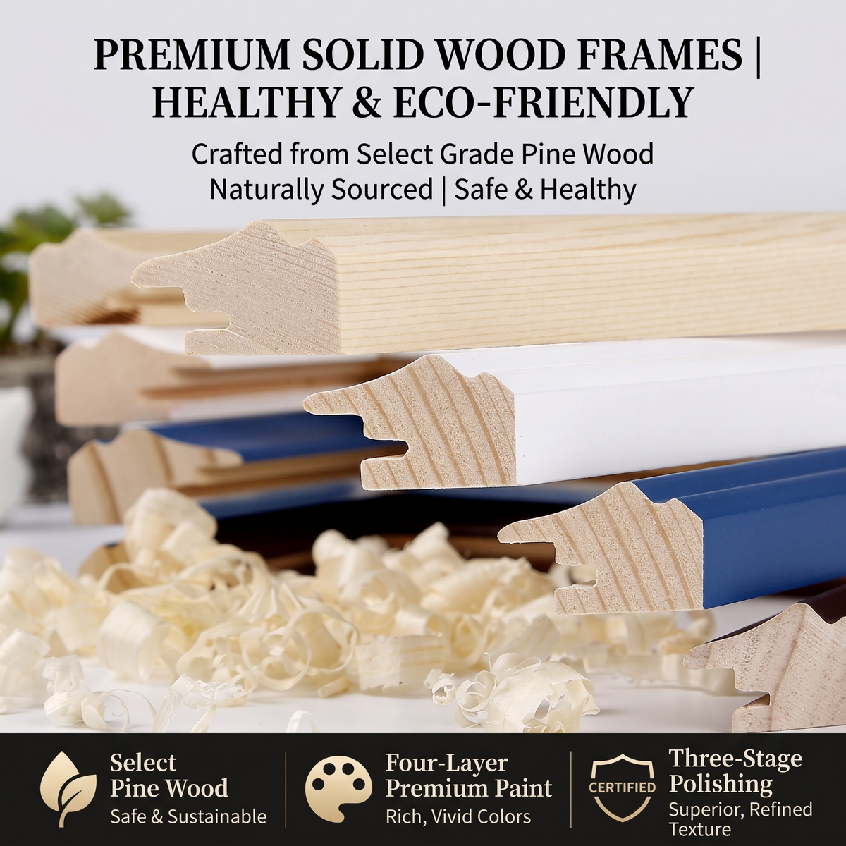Premium solid wood frames used in the heart-shaped photo wall art set, healthy and eco-friendly