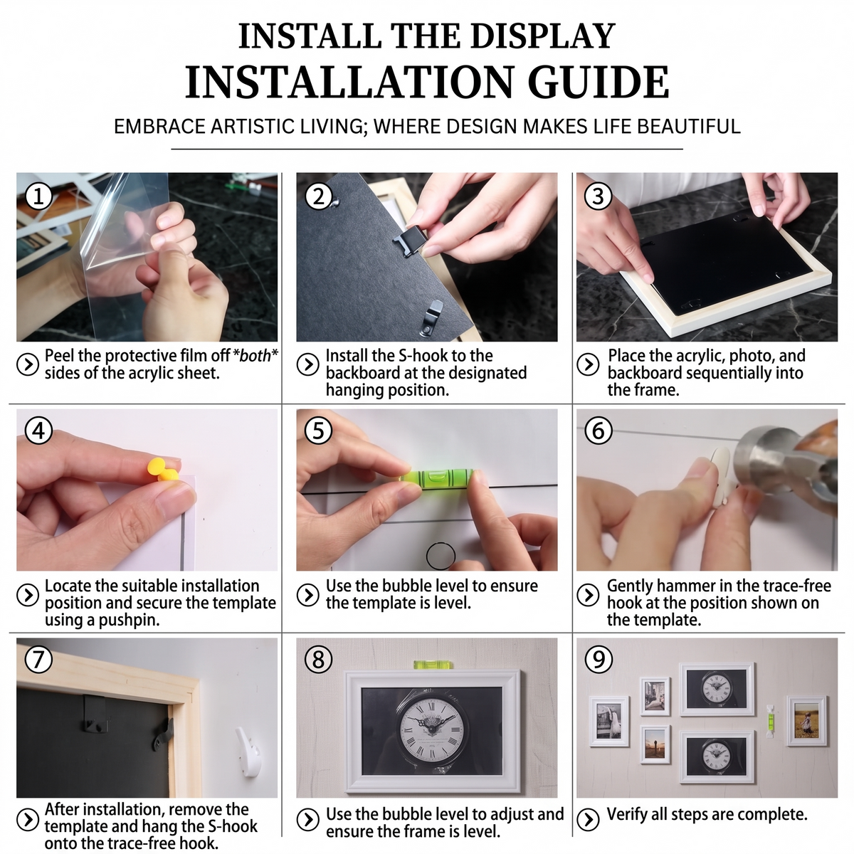 Step-by-step installation guide for the heart-shaped photo wall art set