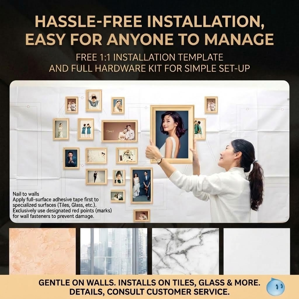 Hassle-free installation of the heart-shaped photo wall art set with hanging template and hardware kit