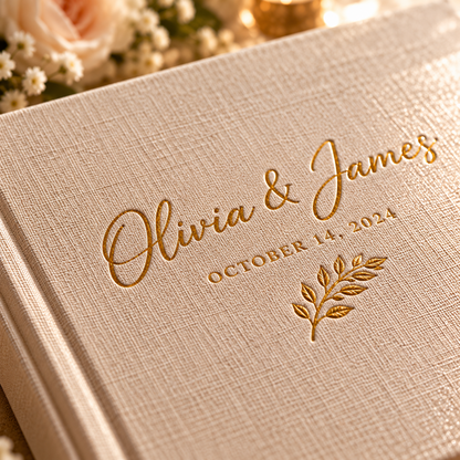 Close-up of linen guest book cover with gold foil couple names and wedding date