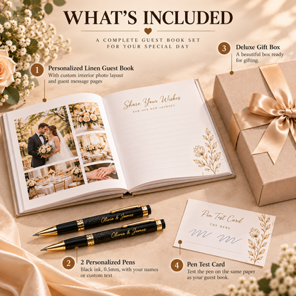 Personalized wedding guest book set with two pens gift box and pen test card
