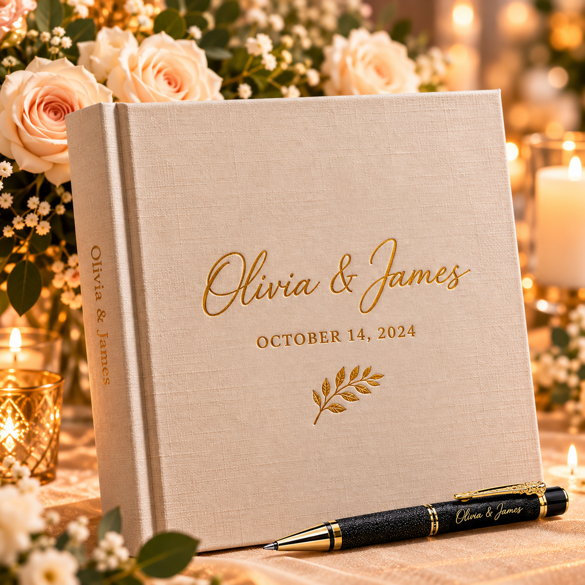 Personalized linen wedding photo guest book with gold foil names and matching pen