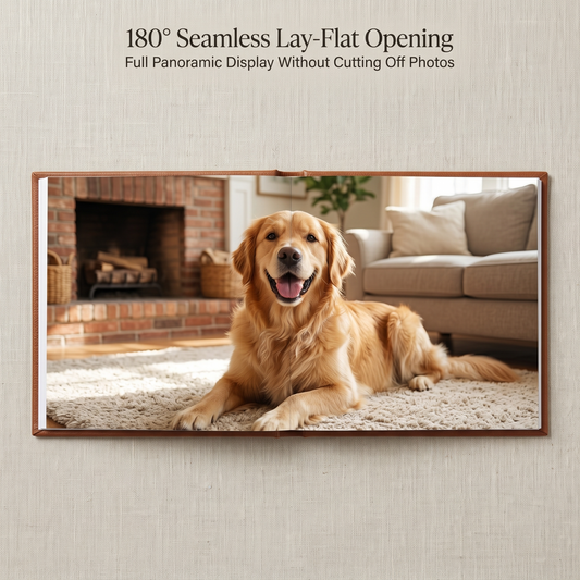 Pet photo album open flat showing 180 degree lay-flat binding with golden retriever photo spread