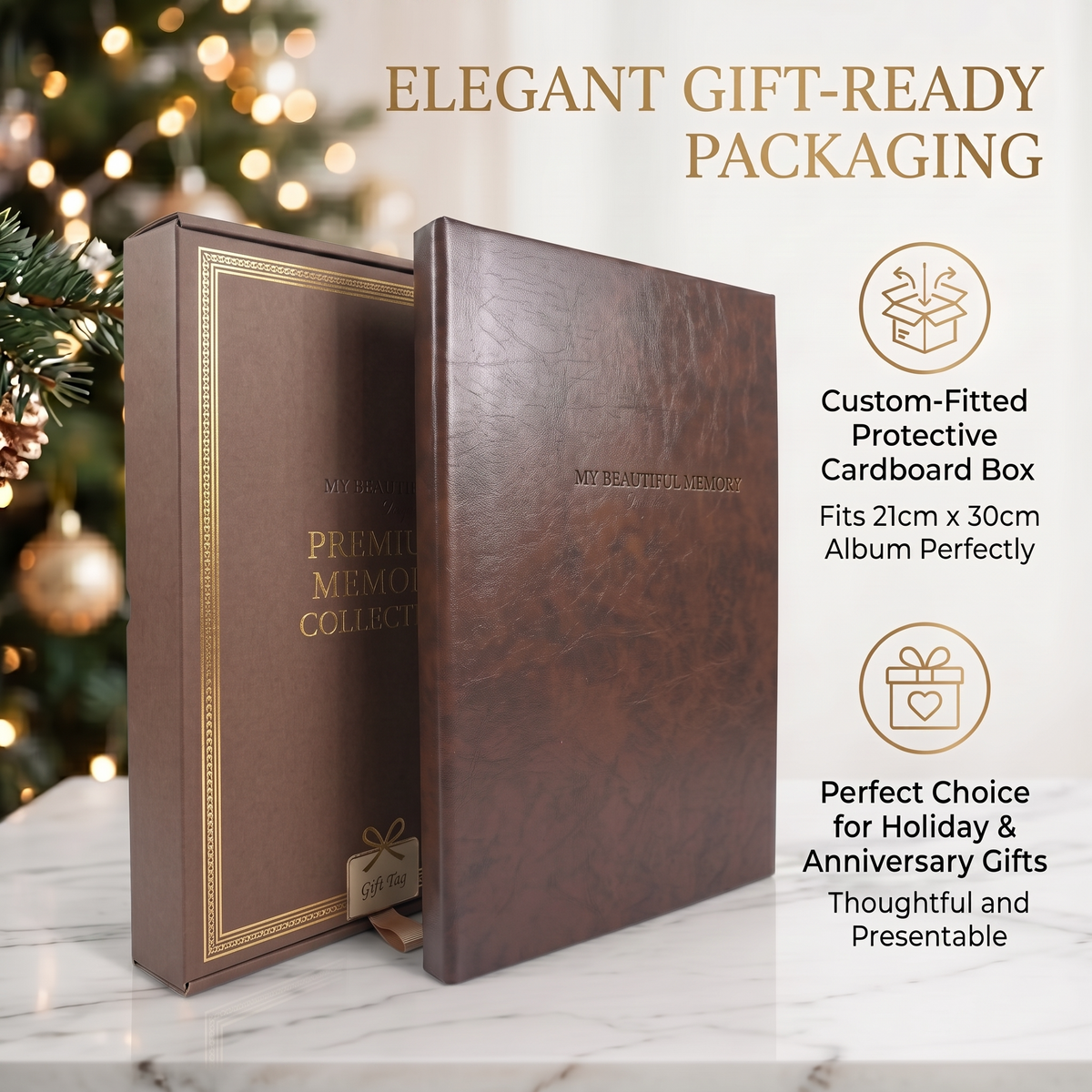 Personalized photo album in elegant gift-ready packaging box