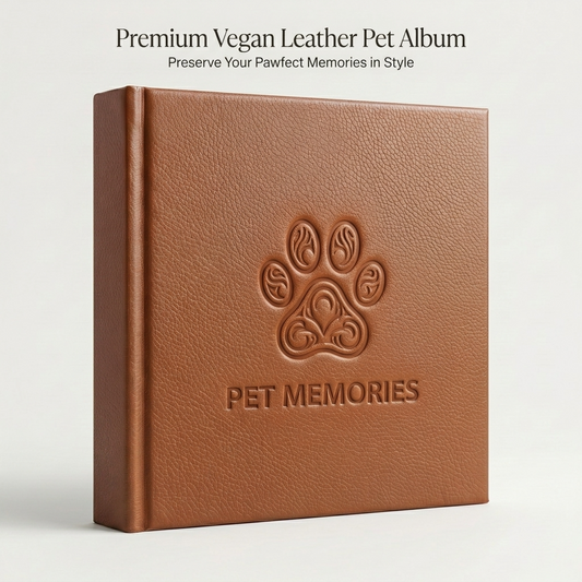 Custom vegan leather pet photo album with cognac brown debossed paw print cover