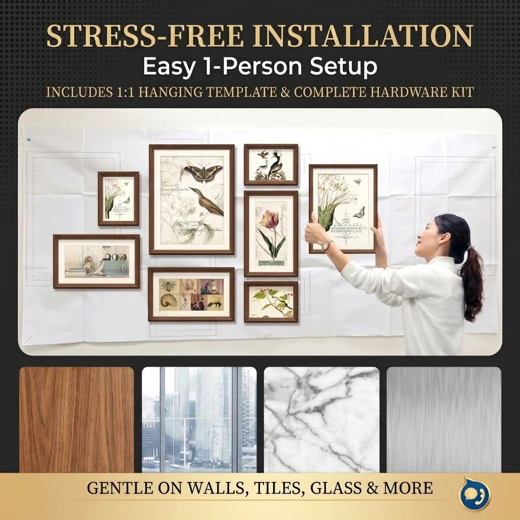 Hassle-free installation of the stairway gallery wall with hanging template and hardware kit