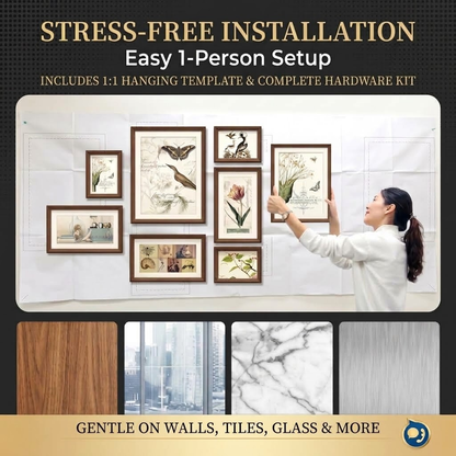 Hassle-free installation of the stairway gallery wall with hanging template and hardware kit