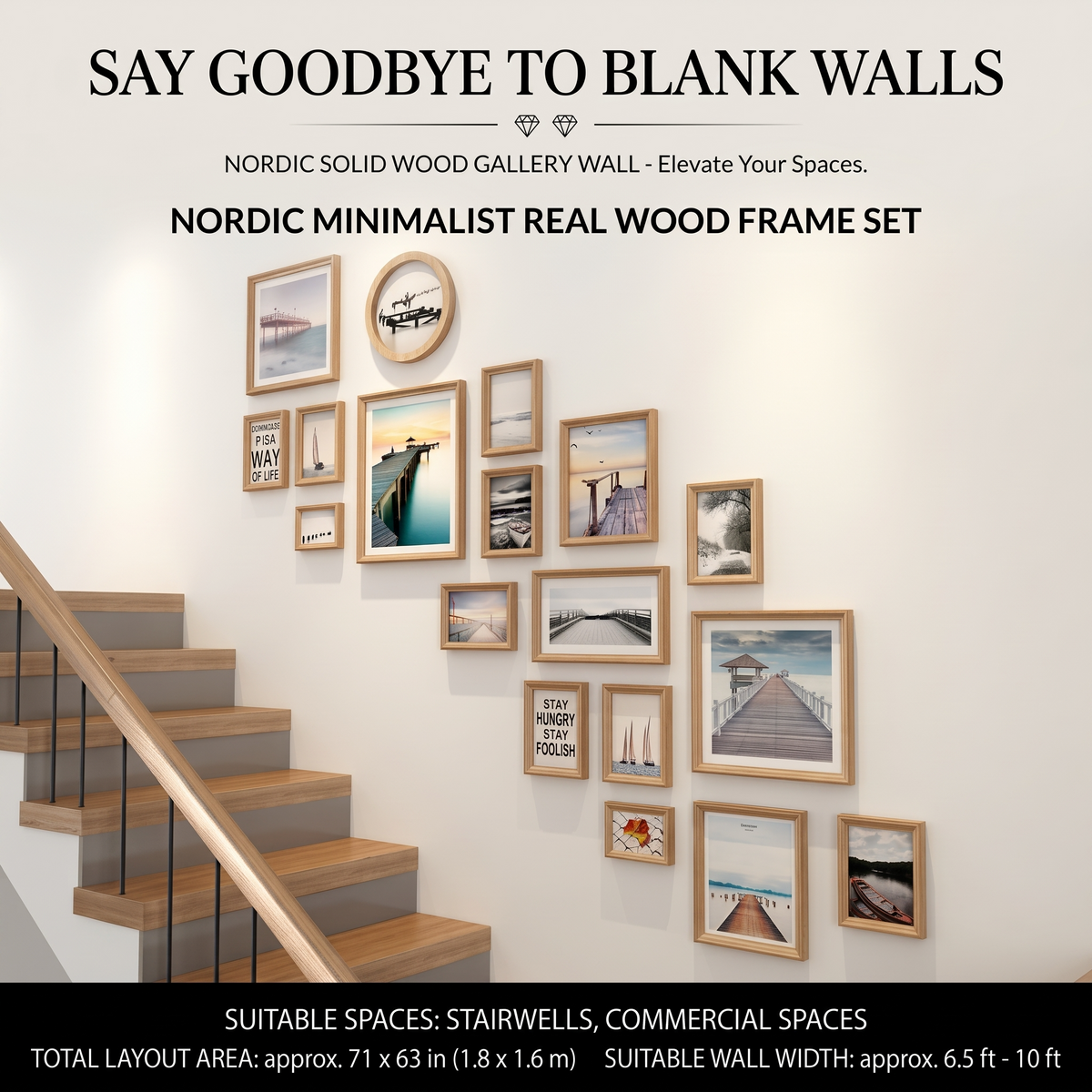 Nordic solid wood stairway gallery wall transforming a blank staircase wall