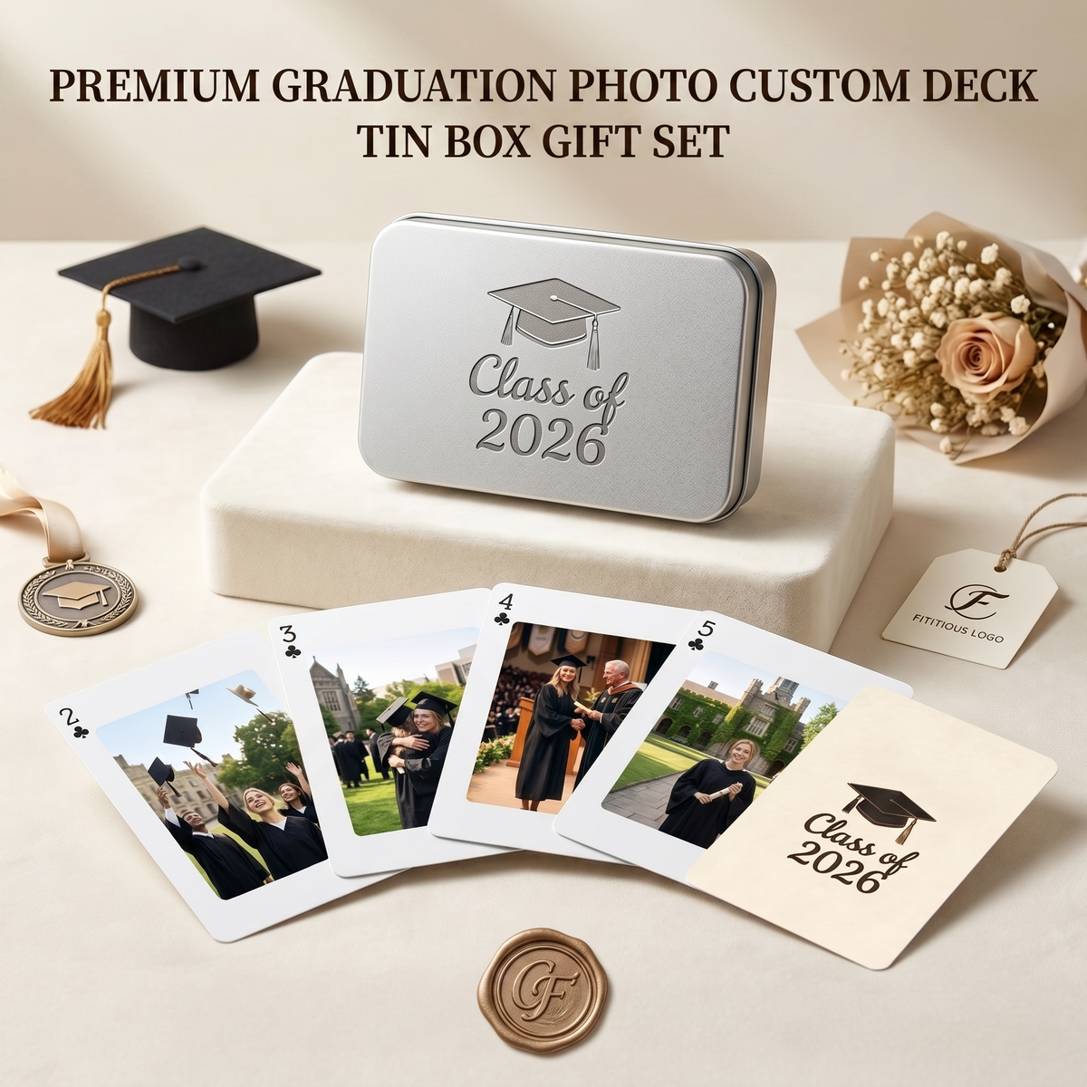 Custom graduation photo playing cards displayed with metal tin gift box