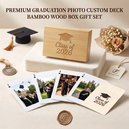 Custom graduation photo playing cards displayed with natural bamboo gift box
