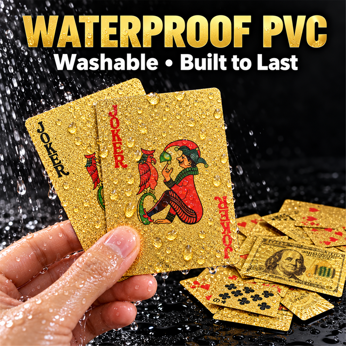Waterproof plastic playing cards shown under running water