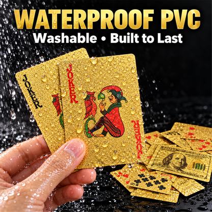 Waterproof plastic playing cards shown under running water