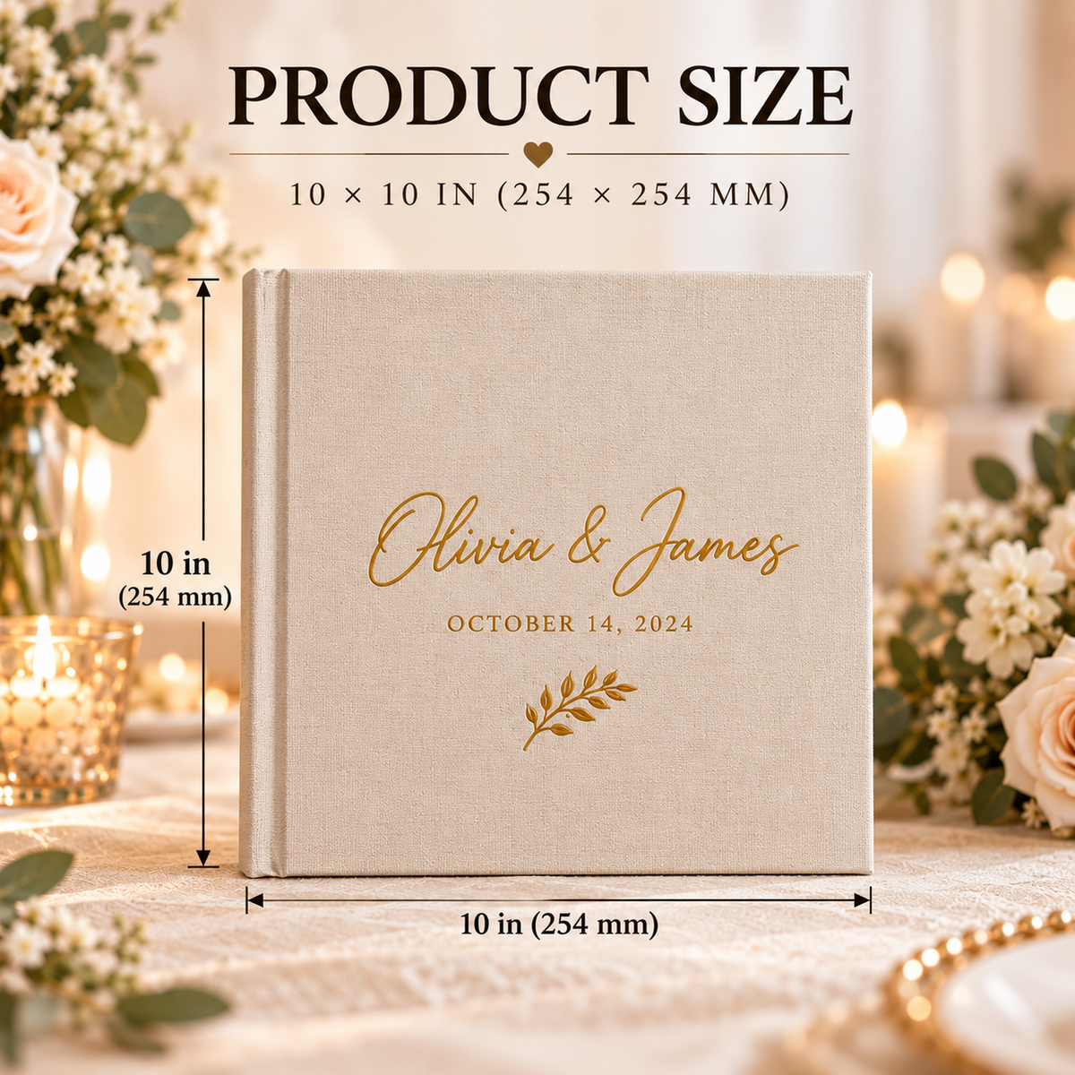 10 by 10 inch personalized linen wedding guest book size