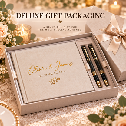 Deluxe gift packaging concept for personalized wedding guest book and two pens