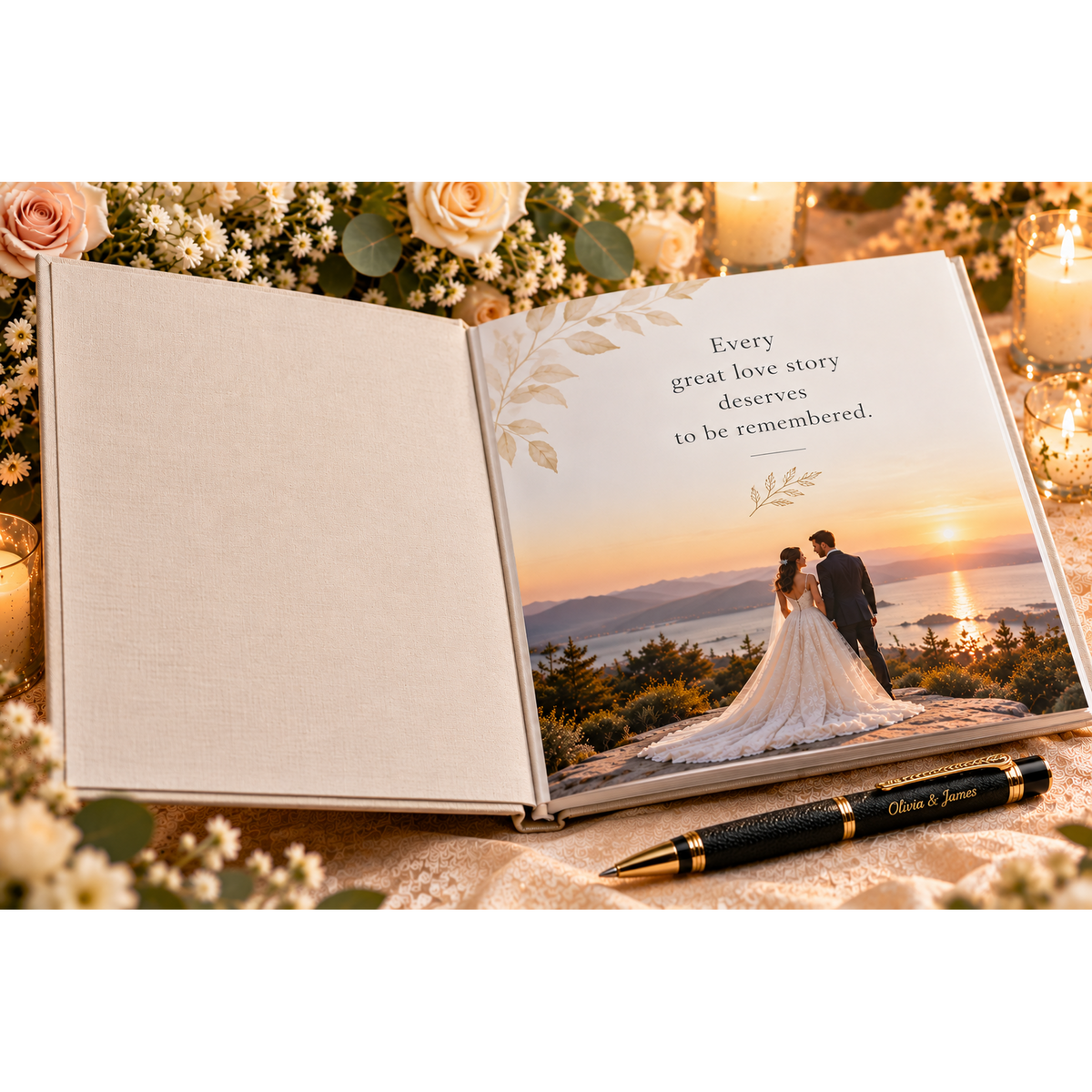 Wedding guest book keepsake page with couple photo and love story message