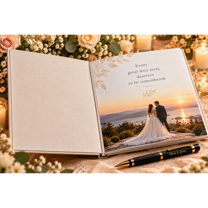 Wedding guest book keepsake page with couple photo and love story message