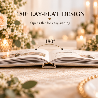 Wedding photo guest book shown opening flat for easy signing