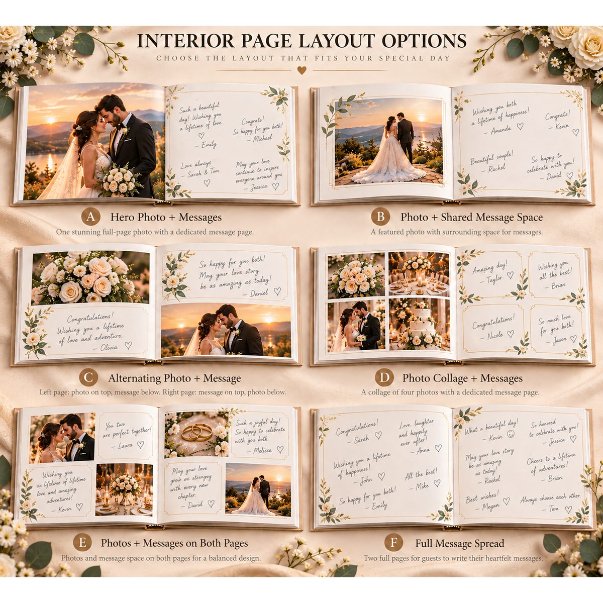 Interior layout options for a personalized wedding photo guest book