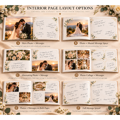 Interior layout options for a personalized wedding photo guest book