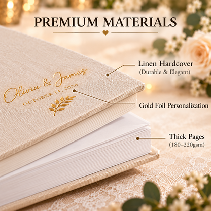 Linen hardcover gold foil personalization and thick-page wedding guest book concept