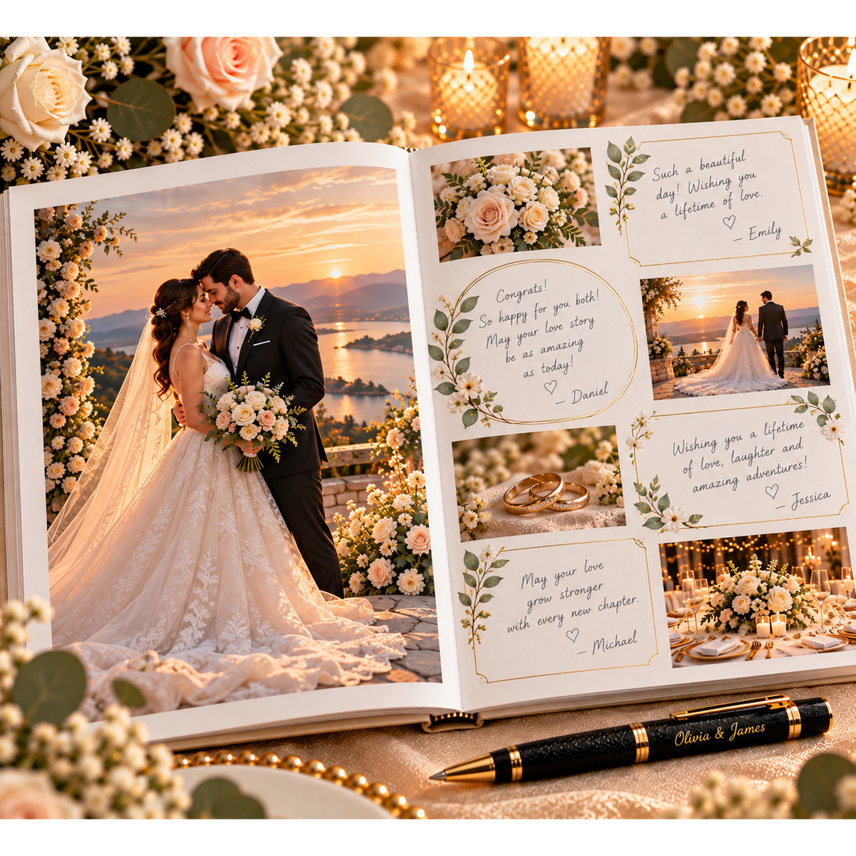 Wedding guest book interior with full-page wedding photo and framed message spaces