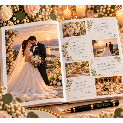 Wedding guest book interior with full-page wedding photo and framed message spaces