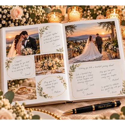 Wedding guest book spread combining wedding photos and botanical guest message areas