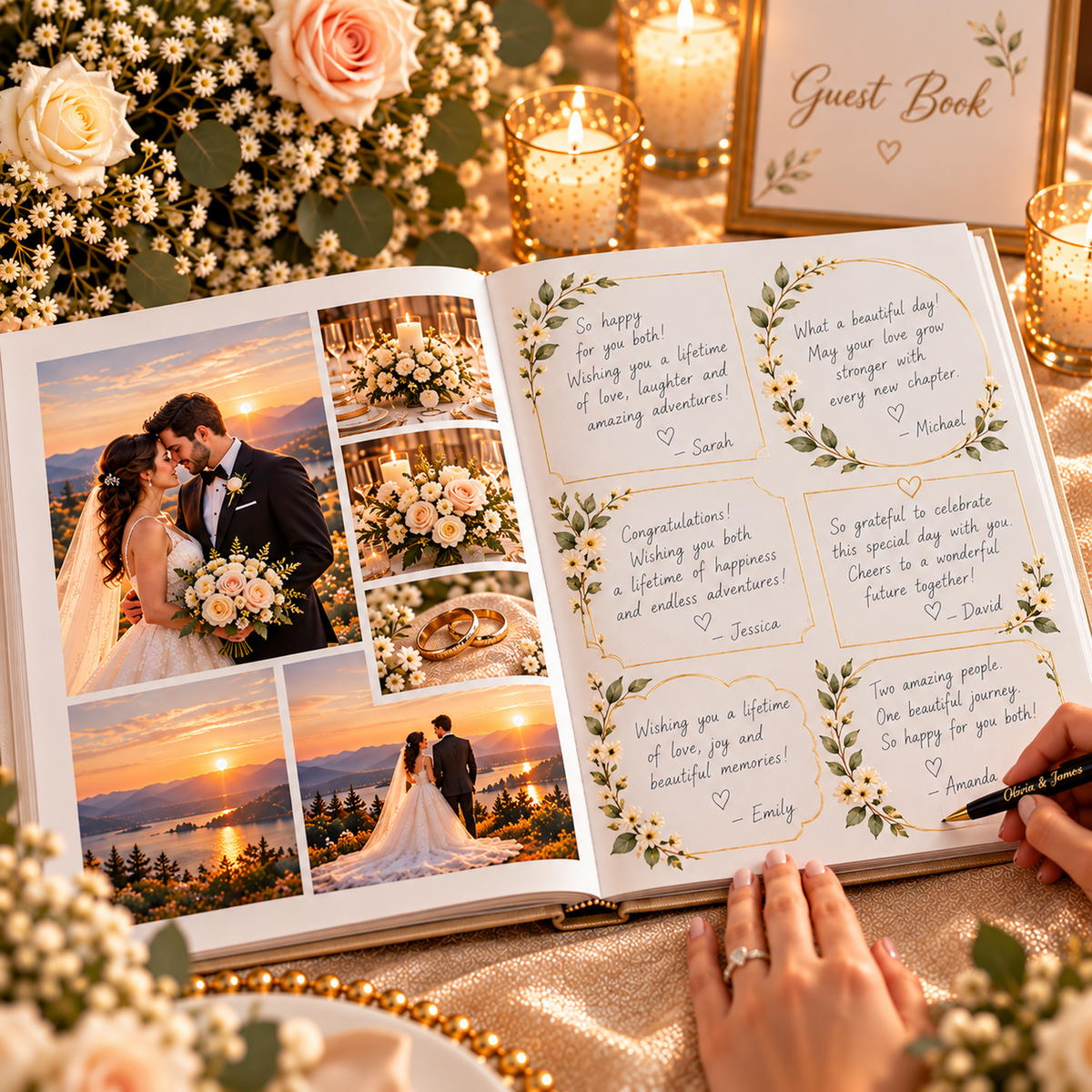 Wedding photo guest book with botanical message spaces and personalized pen